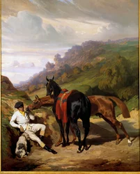 Vit pojke och hans hästar Målning av Alfred De Dreux (1810-1860). 1800-talet. Privat samling