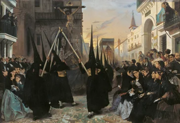 En procession längs Calle Genova - Dehodencq, Alfred (1822-1882) - 1851 - Olja på duk - 112x162 - Museo Carmen Thyssen, Malaga