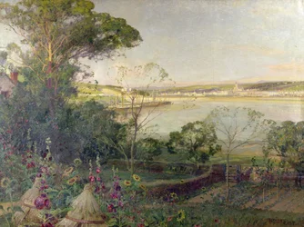 En solbelyst hamn (olja på duk)