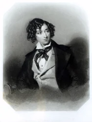 Porträtt av Benjamin Disraeli Esquire (1804-81) M.P., graverad av H. Robinson, ca 1840