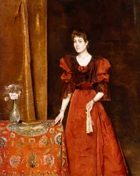 Elegant dam som håller en fläkt, 1893