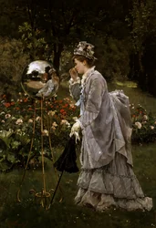 I parken ca. 1875. En kvinna med bystklänning (eller faux-cul eller faux cul) tittar på sin spegelbild i en skulptur med spegeleffekt. Målning av Alfred Emile Leopold Stevens (1823-1906, Belgien) Privat samling