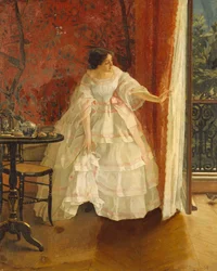 Dam vid ett fönster som matar fåglar, ca 1859