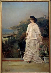 Porträtt av en kvinna på en terrass vid havet Målning av Alfred Stevens (1823-1906) 1882 Sön. 1,1x0,66 m Paris, musee d