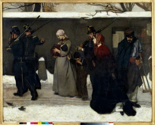 Det så kallade lösdriveriet, även kallat ”Jägarna från Vincennes”: nationalgardister stoppar familjer på gatan. Mått: 1,3 x 1,6 m. Paris, Musée d