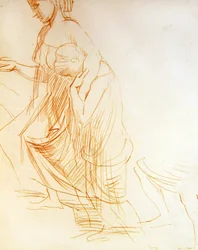 Studie av två figurer, en stående och en knästående, ca 1850 (röd krita på papper) (se 366413 för tergo)