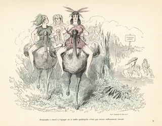 Kvinnor i djurskinn och fjädrar som rider på strutsar och svanar.