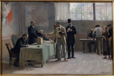 Allmän rösträtt: En vallokal år 1889. Skiss av Alfred Bramtot (1852-1894), 1889