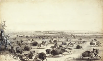 A "Surround" of Buffalo by Indians, c.1858 (tvätt på papper)