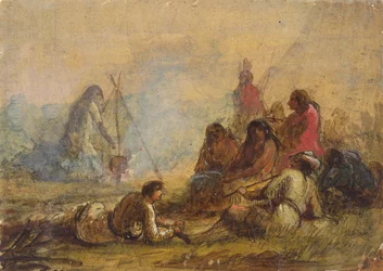 Grupp av fångstmän och indianer, ca 1837 (akvarell och gouache på papper)