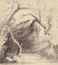 Indian Cabin on the Platte, ca 1837 (penna och bläck och tvätt på papper)