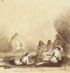 Interiör av en indianloge, ca 1837 (penna, penna och bläck och tvätt på papper)