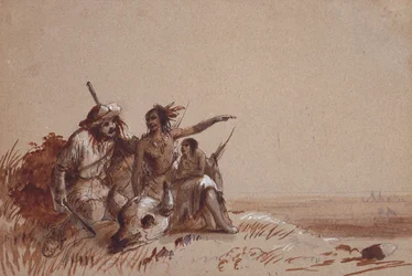 Kansasindian som med tecken berättar för en pälsjägare om bisonoxarnas vandring, omkring 1837