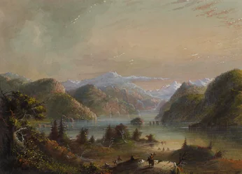 Sjölandskap med flod och berg