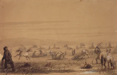 Reaching Camp, Removing the Sadles, c.1837 (penna, penna och bläck, tvätt och gouache på papper)