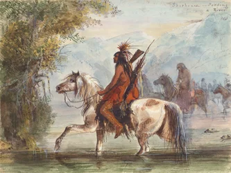 Shoshone Camp Fording a River, ca 1837 (akvarell på papper)