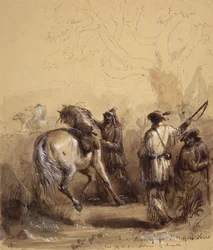 Sir W.D.S., Antoine och Auguste eller Preparing for a Buffel Hunt, c.1837 (penna och bläck, tvätt och gouache på papper)