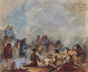 Sunrise, Trappers and Traveler at their Meals of Buffalo Hump Rib, c.1837 (akvarell på papper)