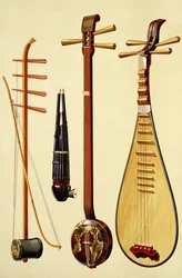 En huqin med stråke, en sheng, en sanxian och en pipa, kinesiska instrument ur ”Musikinstrument”