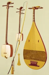 En shamisen, en kokyū och en biwa, japanska, ur "Musikinstrument"