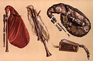 Säckpipor: fyra inklusive en Cornemuse, en Calabrian och en Musette, från "Musical Instruments" (färgad litho)
