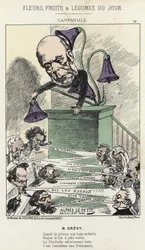 Klocka: karikatyr på Grévy - ill. från 1871-06-26 av Alfred Le Petit, i "Dagens blommor, frukter och grönsaker"