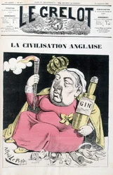 Engelsk civilisation: Victoria, en flaska gin i handen, sittande på Egypten, Irland, Indien, Afrika och Kina - av Alfred Le Petitty, i "" Le Grelot"" från 1882-09-24