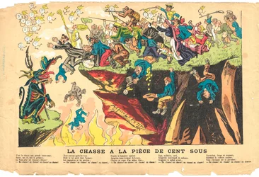 flygande löv, Satirical in Colors, cirka 1878: Jagar hundra subbitar - Silver - Devil, Cures Illustration av Alfred Le Pete (1841-1909)