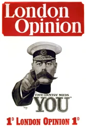 Första världskriget: affisch för rekrytering av brittiska soldater: befälhavaren lord Horatio Herbert Kitchener av Khartoum (1850-1916), brittisk soldat och statsman, pekar på möjliga rekryter: ”Landet behöver dig”. Teckning av Alfred Leete (1882-1933)
