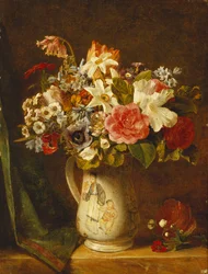 Rosor, narcisser och andra blommor i en vas,