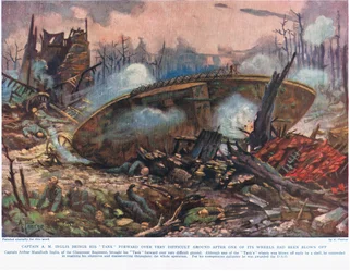 Kapten A.M. Inglis för sin stridsvagn framåt över mycket svår mark efter att ett av dess hjul hade blåst av, illustration från 