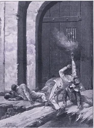 Delhi: Löjtnant Salkeld, bengaliska ingenjörer som spränger Kashmirporten, illustration från brittiska strider på land och hav, 1915