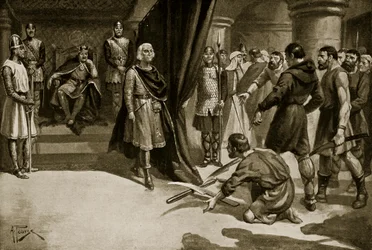 Bönder kastar ner sina plogbillar vid Henry I:s fötter, illustration från 