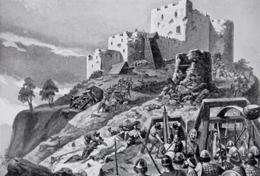 Den walesiska attacken på Montgomery Castle 1095 ledd av Cadwgan ap Bleddyn, Prince of Powys, illustration från 