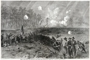 Army of the Potomac - Kampen om de framstående, nära Spottsylvania, Virginia. 12 maj 1864 från Harpers Weekly, pub. 1864