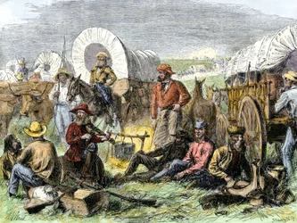 Historia om nybyggare i West Conquete: Amerikanska pionjärer. Resenärernas läger vid Nattens grav nära Diligences, USA. Färgstark gravyr från 1800-talet.