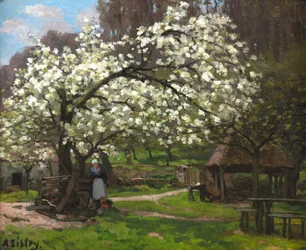 Vår, bondkvinna under blommande träd, ca 1865