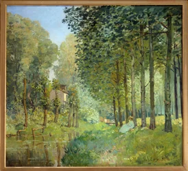 Resten vid kanten av bäcken, träkant - Målning av Alfred Sisley (1839-1899)