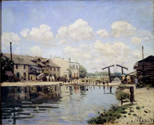Vy över St Martin-kanalen 1872. Vy över sluss - olja på duk