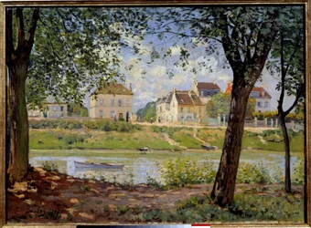 Villeneuve-la-Garenne eller by vid Seineflodens stränder. Målning av Alfred Sisley (1839-1899)