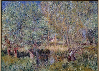 Pilar på stranden av floden Orvanne. Målning av Alfred Sisley (1839 - 1899)