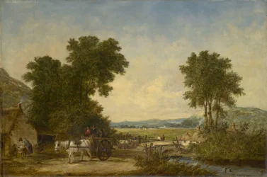 Skogbevuxen landsbygd med figurer i en vagn, c.1855