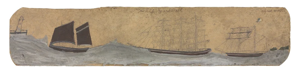 Lugger och två små segelfartyg närmar sig hamn, ca 1855-1942 (olja  blyerts på kort)