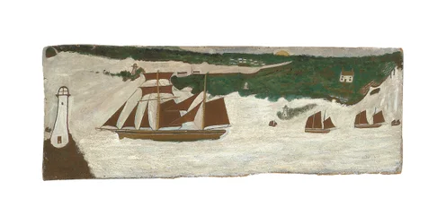 Skonare som passerar en fyr, ca 1855-1942 (olja på pannå)