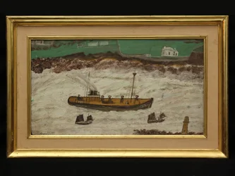 Tre båtar mellan fyren och stranden, ca 1930 (olja på kort)
