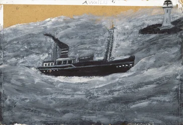 Trålare och pir (olja på kort)