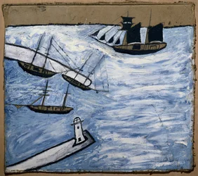 Utsikt över hamnen och fyren i Saint Ives (Cornwall, England). Olja och blyerts på kartong, av Alfred Wallis (1855-1942)