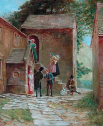 Vy över gården med figurer, Kilnhurst, Todmorden, c.1860