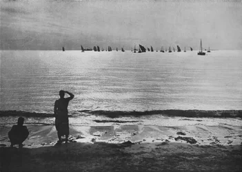 Pearling Fleet kommer tillbaka till Anchorage vid solnedgången, c1890, 1910
