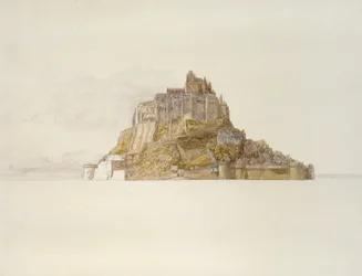 Mont St Michel från sanden, ca. 1876 (akvarell över grafit, på papper)